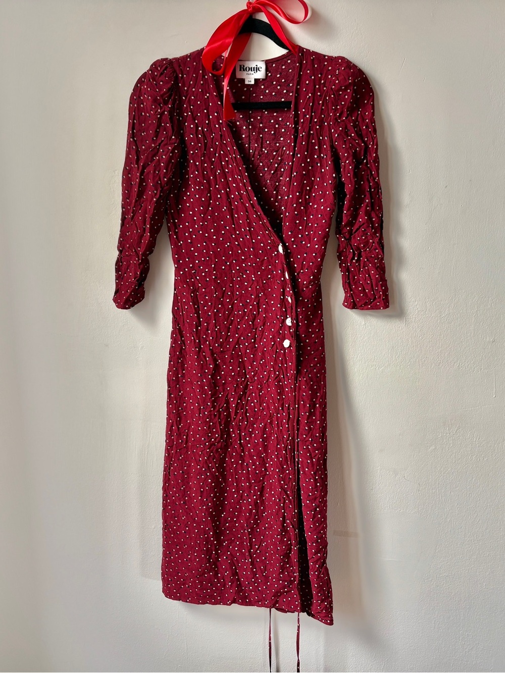 Rouje Gabin Burgundy Polka Dot Wrap Midi Dress 34 S 0 2 - Picture 3 of 5